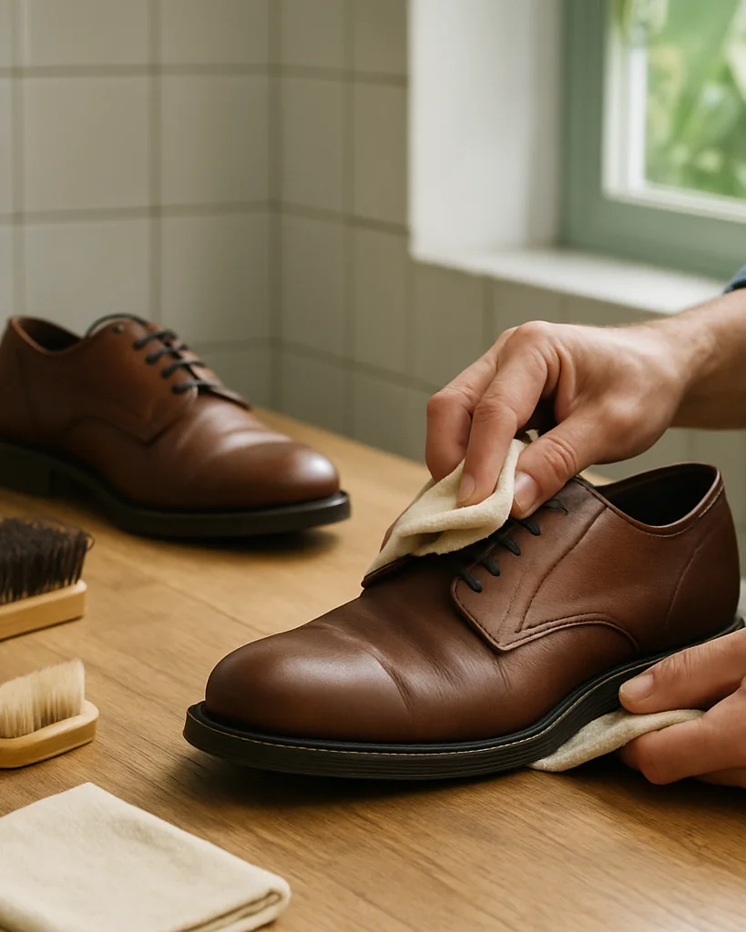 Close view of careful hands cleaning a pair of everyday leather shoes at a tidy workbench, soft diffused daylight, natur